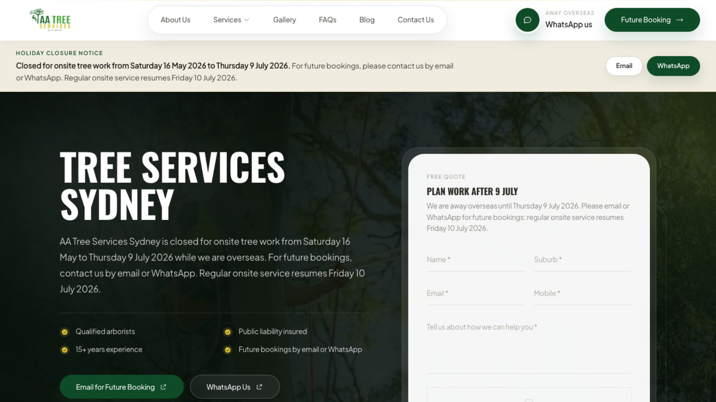 AA Tree Services Sydney desktop website view