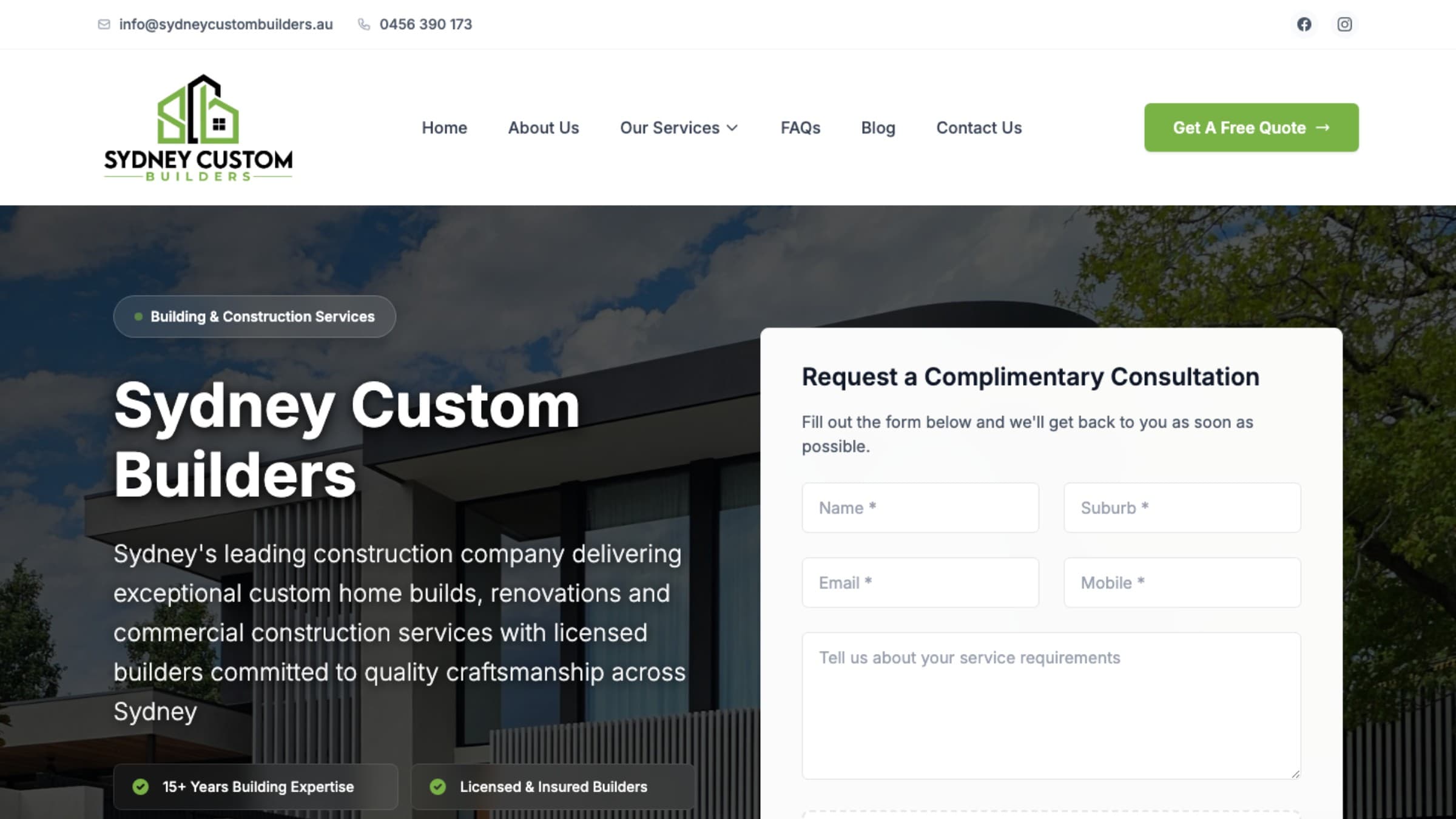 Sydney Custom Builders desktop website view